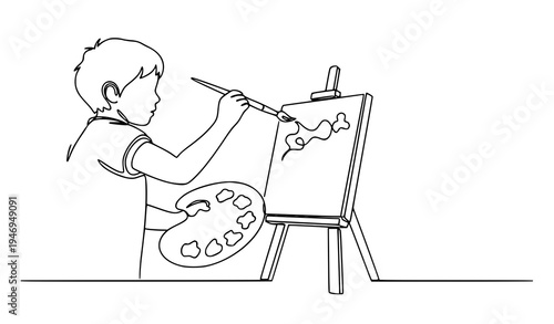 Minimal continuous line child artist painting with brush and palette vector illustration