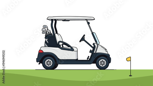 White electric golf cart with a set of clubs, parked on a green fairway ready for a game under a clear sky.