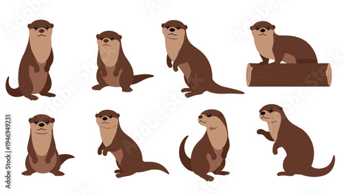 Collection of cute brown otter illustrations in various playful poses, highlighting their natural charm and behavior.