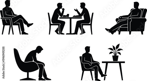 Daily household activities silhouette set with woman shopping, child hanging laundry, gardening plants, mopping floor and man working desk