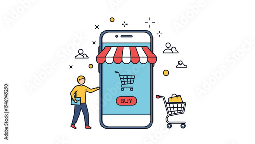 Online shopping concept illustration features a smartphone with a store awning and a digital cart for retail buying.