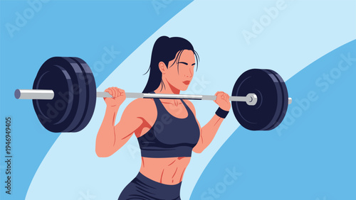 Determined fitness woman lifts a heavy barbell behind her neck during a weightlifting workout session in a gym.