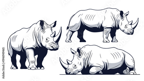 Three detailed black and white rhinoceros illustrations show the large animals in different standing and lying poses.