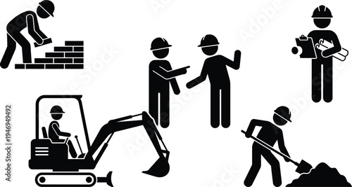 Construction worker silhouettes set showing bricklayer building wall, excavator operator, workers discussing, engineer holding blueprints and laborer digging soil