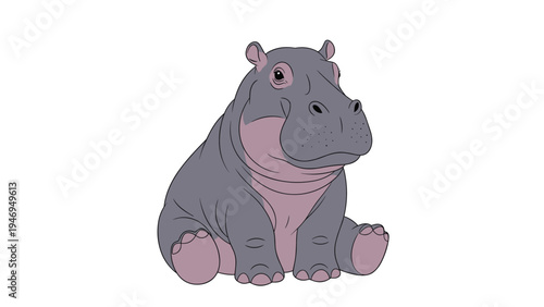 Friendly purple hippopotamus cartoon character sits comfortably on a white background with a simple and cute design.