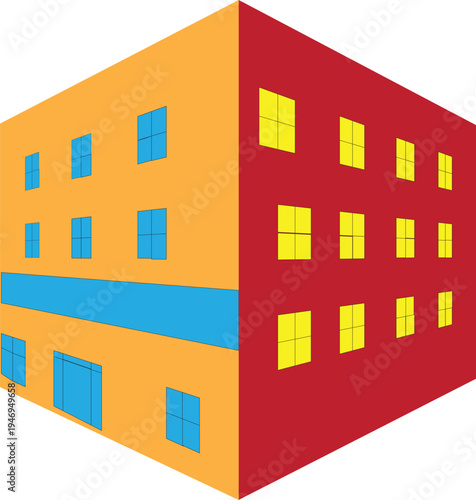 3D vector illustration of a modern residential house and city building exterior featuring architectural roof design with windows and doors for real estate business