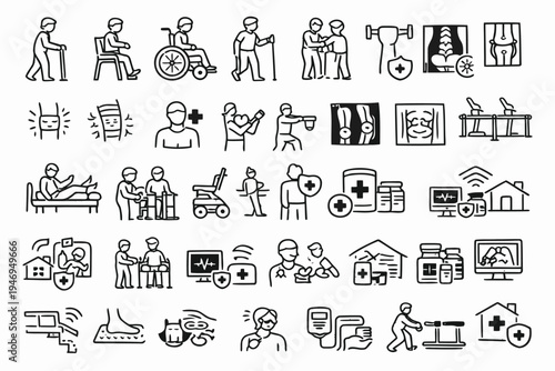 Comprehensive icons depicting healthcare, elderly care, and home assistance services