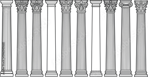 Classic Greek and Roman architectural columns set featuring Doric, Ionic and Corinthian pillars isolated as vintage classical architecture illustration