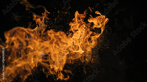 ferocity. Dramatic flames with intense orange and yellow hues isolated against a dark atmospheric background. STEM education sheets, lab safety posters, designed for biotech research communications.
