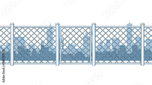 Secure chain-link fence with a closed gate is illustrated against a silhouetted blue city skyline in the background.