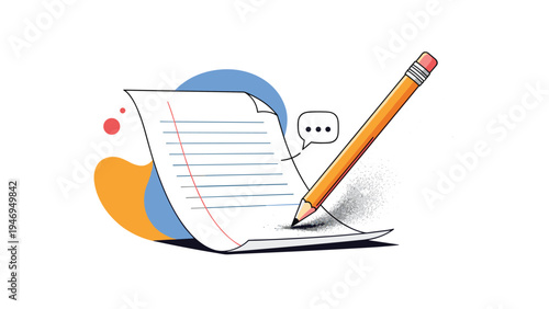 Creative illustration shows a pencil writing on a piece of paper with abstract blue and orange shapes in the background.