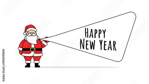 Jolly Santa Claus stands next to a large triangular banner that says Happy New Year in a festive holiday greeting.