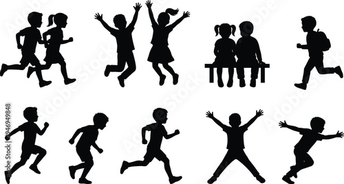 Children Silhouette Set with Running Jumping Sitting Kids School Children Playing and Active Childhood Poses Isolated on White Background Collection