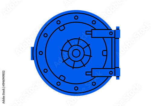 Hand drawn cute illustration of closed vault door. Flat vector metal round safe doodle. Money storage entrance with strong lock icon. Cash protection bank box. Access to wallet. Isolated.