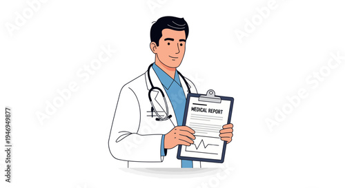 Male doctor holding a medical report on a clipboard.