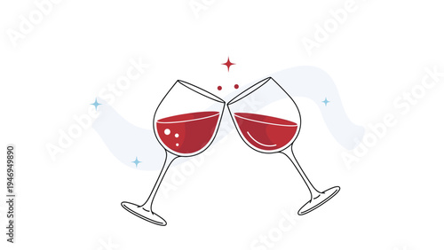 Two wine glasses filled with red wine are shown clinking together in a celebratory toast with festive sparkles.