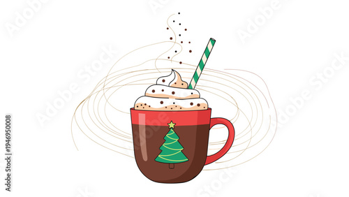 Festive red Christmas mug decorated with a green tree and topped with whipped cream and chocolate chips on white.