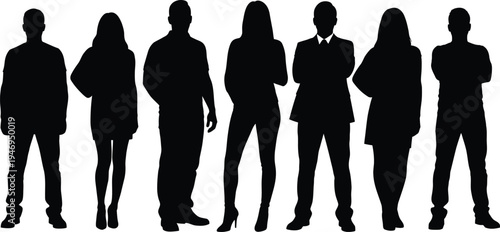 Seven black silhouettes of diverse people standing against a white background group diversity