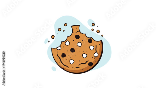 Large round chocolate chip cookie with a bite taken out of it surrounded by falling crumbs on a light blue splash background.