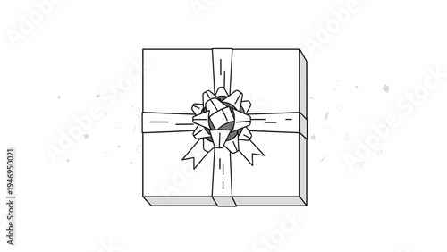 Elegant white square gift box tied with a decorative ribbon and bow seen from a top down perspective with light confetti.
