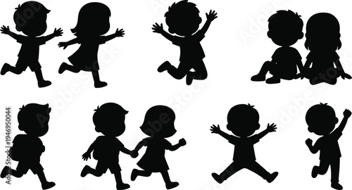 Children Silhouette Collection with Running Jumping Sitting Kids School Children Playing Active Childhood Poses Isolated on White Background