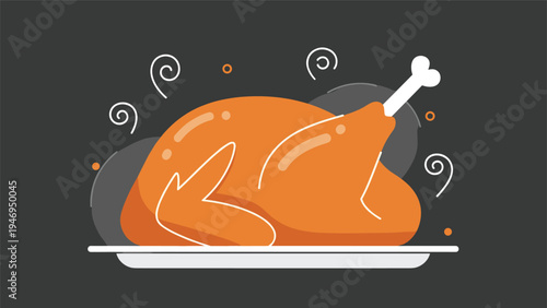 Golden brown roasted turkey served on a white platter with steam swirls against a dark background for holiday dinner.