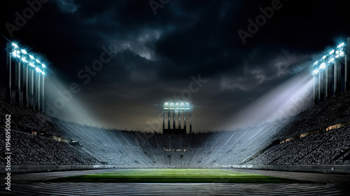 floodlight. Empty soccer stadium illuminated by powerful floodlights under a dramatic night sky. event key visuals, club posters, designed for fitness apps and gym onboarding, drives event promotion.
