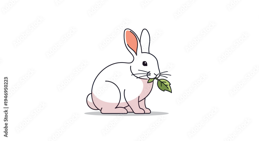 Obraz premium Cute white rabbit eating a green leaf illustration.