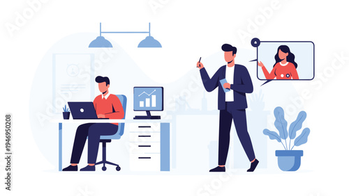 Modern office scene featuring a man working on a laptop at a desk and another man having a video call with a woman.