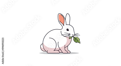 Cute white rabbit eating a green leaf illustration.