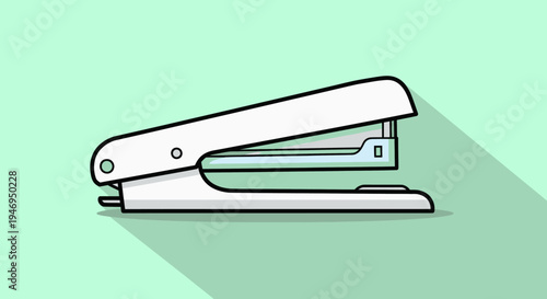White stapler on a clean light green background with a long shadow.