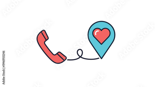 Red telephone handset connected by a cord to a blue map location pin containing a white heart symbol on white.