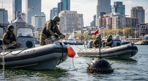 Military personnel in camouflage gear operate boats and inspect a submerged object in the water near a city harbor.