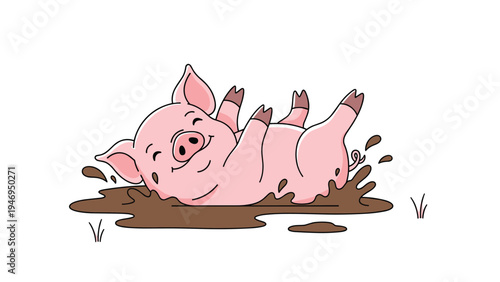 Happy pink pig rolling and playing in a brown mud puddle on a sunny day with green grass in the background on white.
