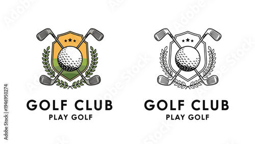 Two versions of a golf club logo featuring a golf ball over crossed clubs with a shield and laurel wreath decoration.
