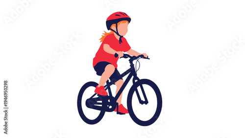 Young girl wearing a red safety helmet and t-shirt riding a black bicycle with red shoes against a white background.