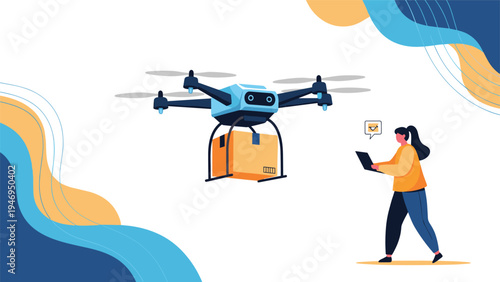 High-tech blue drone carrying a cardboard box for delivery to a woman operating it with a laptop in the city.