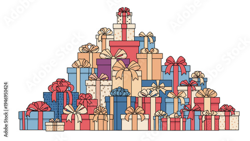 Large pyramid-shaped stack of numerous colorful wrapped gift boxes with ribbons and bows for a major celebration.