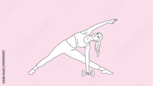 Outline drawing of a woman in yoga clothes performing a stretching exercise with a dumbbell on a pink background.