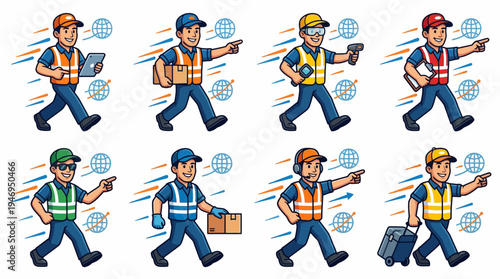 Delivery Workers Set: Logistics, Global Shipping, Courier Services