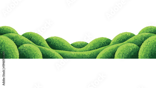 Decorative horizontal border featuring lush green manicured bushes and rolling hills against a plain white background.