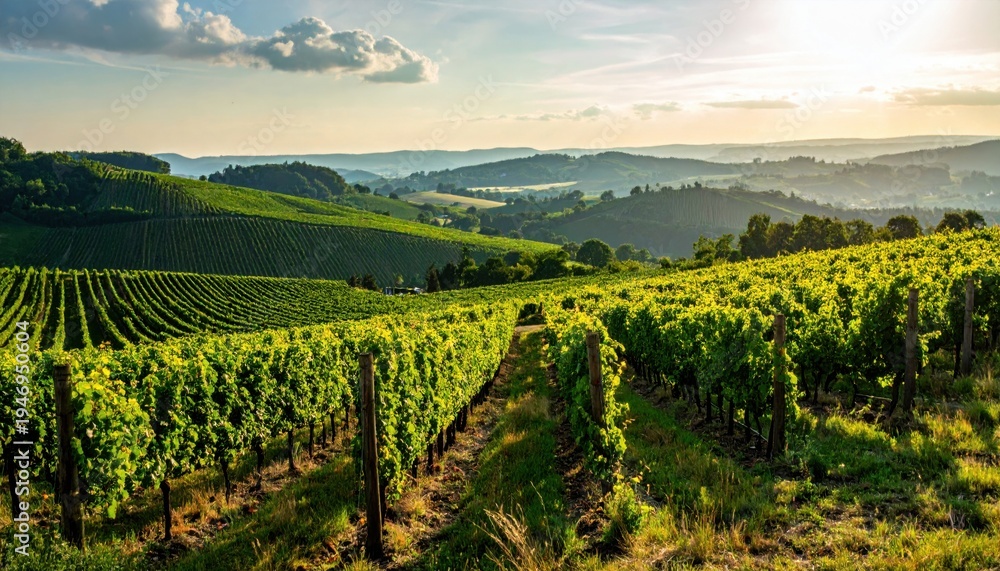 Naklejka premium Panoramic view of a sprawling vineyard with neatly arranged rows of grapevines under a sunny sky