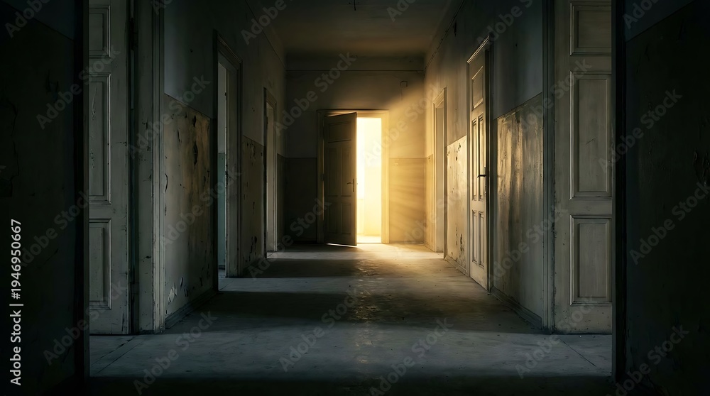 Fototapeta premium Dark hallway with many closed doors and one slightly open door with bright light, symbolizing choice, opportunity, and new possibilities.