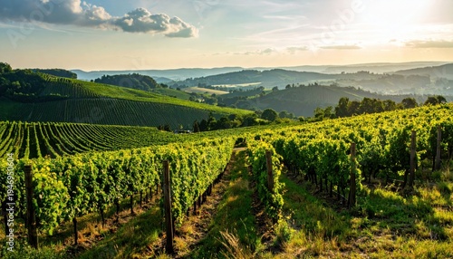 Wallpaper Mural Panoramic view of a sprawling vineyard with neatly arranged rows of grapevines under a sunny sky Torontodigital.ca