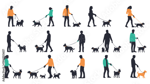 Large collection of silhouettes showing various people walking different breeds of dogs on leashes on a white background.