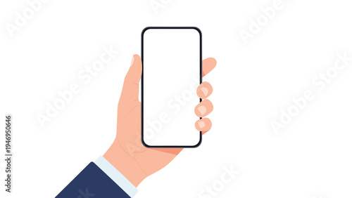 Human hand holding modern smartphone with empty white screen isolated on plain white background for app mockup design.