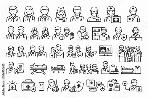 Comprehensive illustration of diverse medical and healthcare professions icons