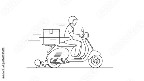 Line art illustration of a delivery man riding a classic motor scooter with a large cardboard box on the back rack for shipping services.