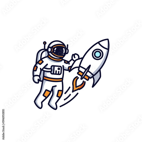 Cartoon astronaut floating next to a launching rocket, depicting space exploration and adventure.