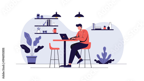 Young man sitting at a small cafe table and working on a laptop computer in a modern interior setting with plants and bookshelves.